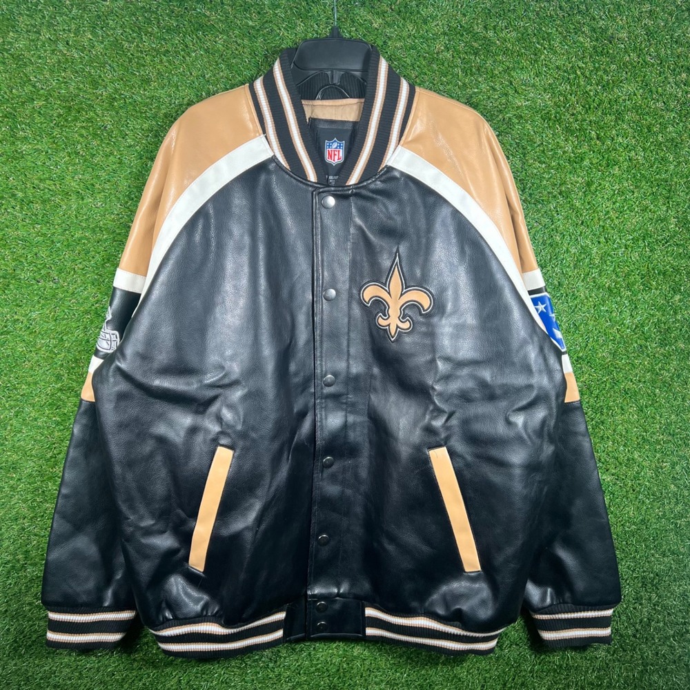 NFL New Orleans Saints Varsity Jacket Mens XXL Black Gold Faux Leather Bomber
